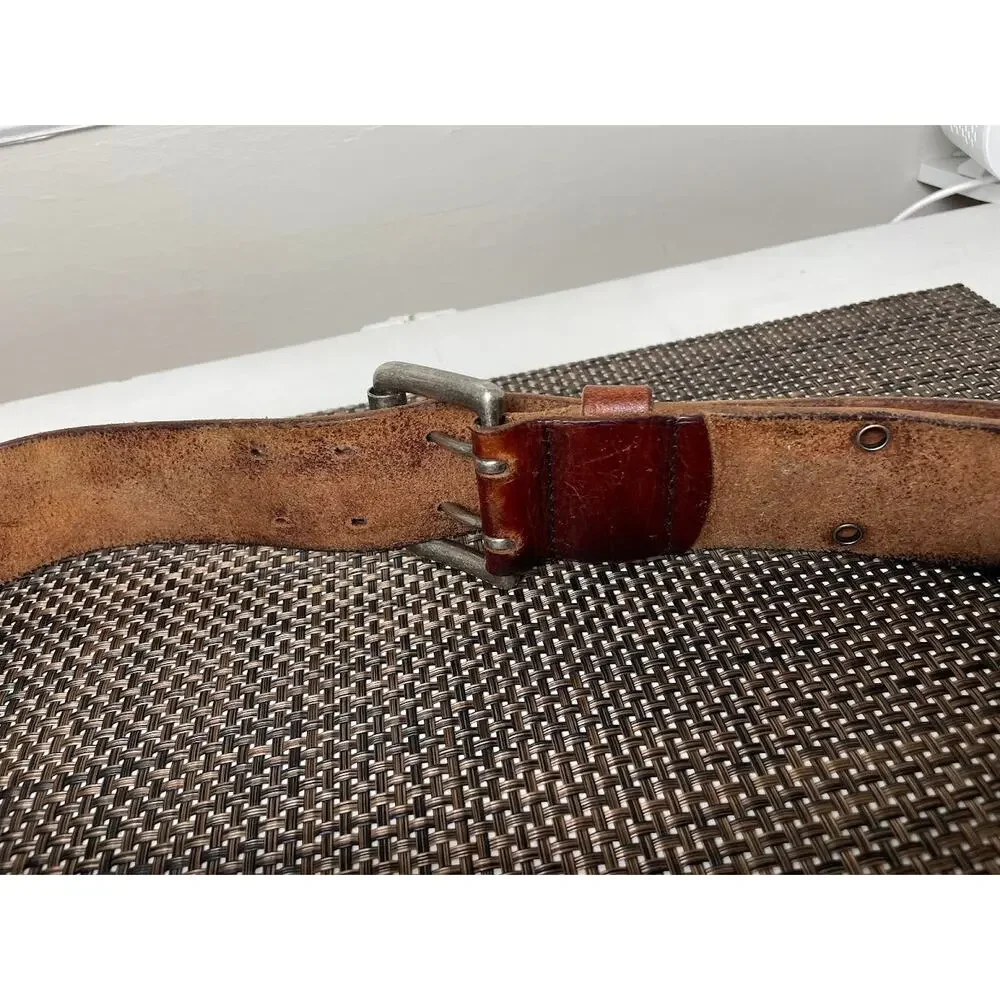 American Eagle Brown Leather Belt Wide 2 Prong Rustic Western Silver Buckle Lrge